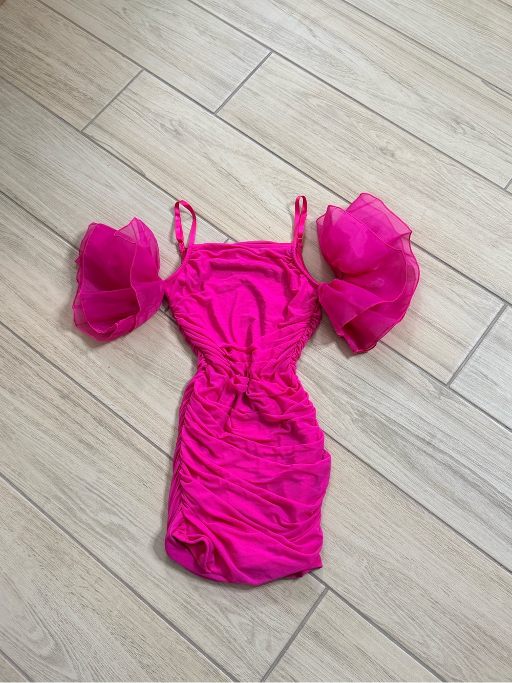 Hot Pink Ruched Bodycon Mini Dress Off Shoulder Ruffle Sleeve Size Small